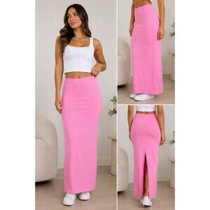 SKIMS Soft Pink Maxi Skirt XL Stretch Bodycon Back Slit Loungewear Barbiecore